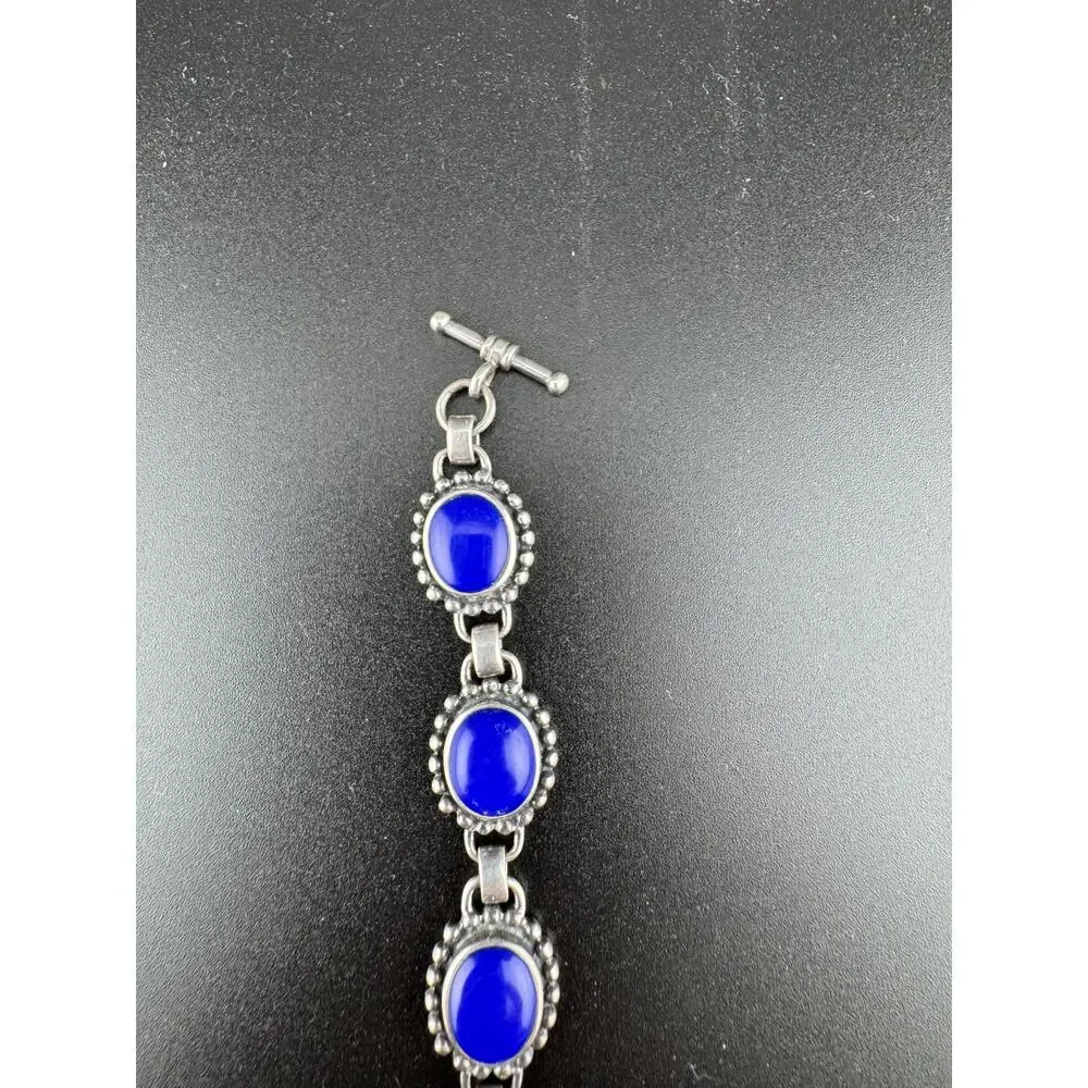Sterling Silver 925 Blue Glass/Lucite Cabochon Bracelet